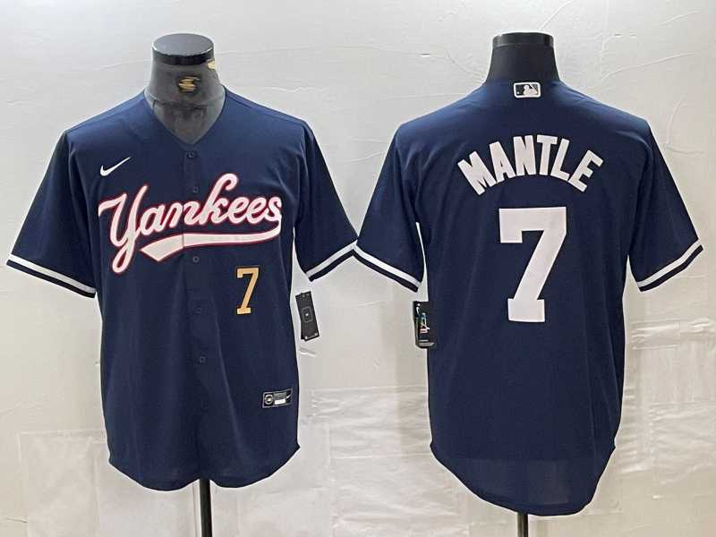 Men%27s New York Yankees #7 Mickey Mantle Number Navy With Patch Cool Base Stitched Baseball Jersey